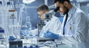 Laboratory technician looking through microscopes in a laboratory setting