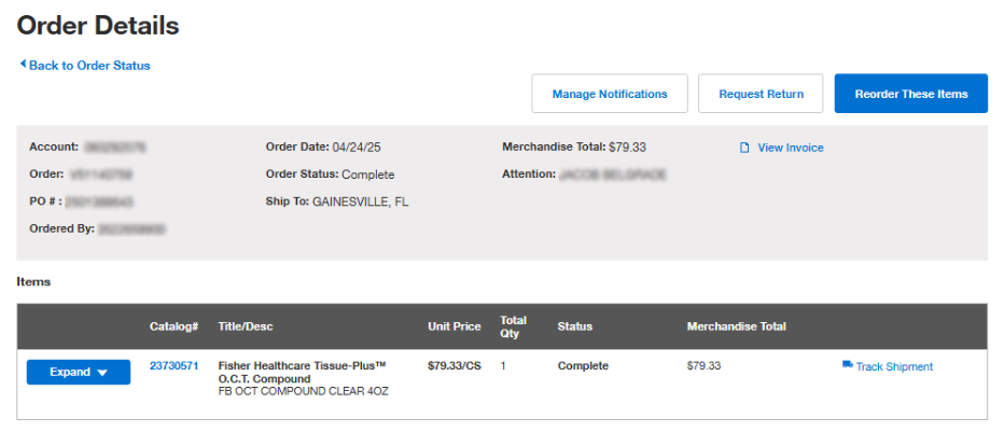 Order Details page on Fisher Scientific's website with order information and options to manage notifications, request a return, and reorder items. Includes a table with item details.