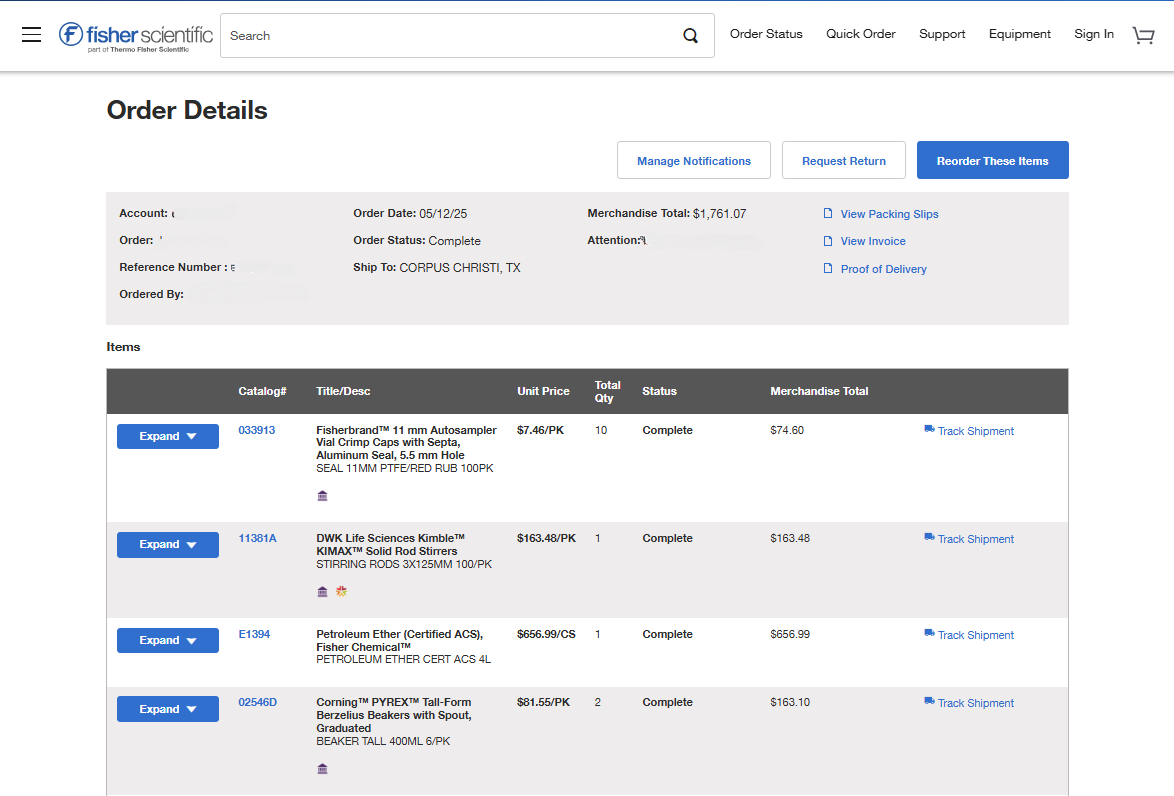 'Order Details' page showing order info, status, total, and ship to location. Includes buttons for managing notifications, requesting return, and reordering items. Table lists ordered items with options to expand for more info and track shipment.