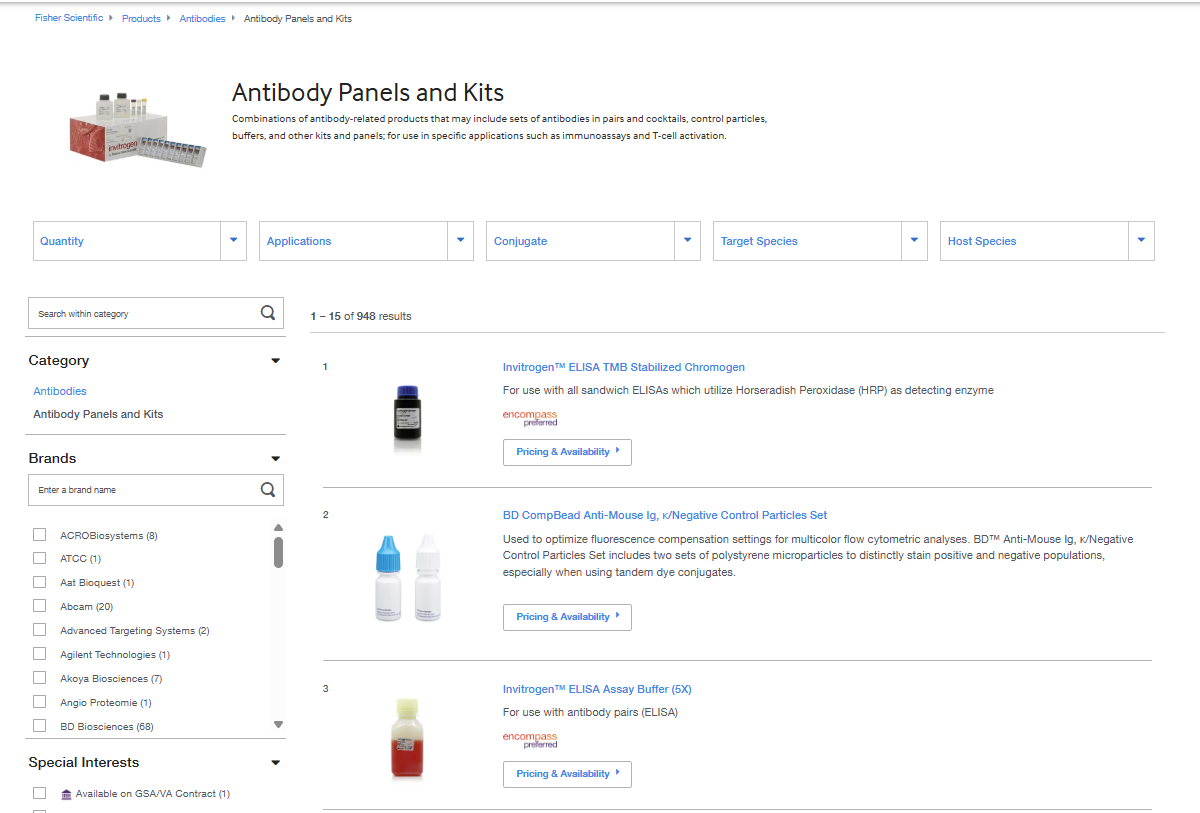 Antibody Panels and Kits page on Fisher Scientific's website with filters, search bar, and categories for antibodies and brands.