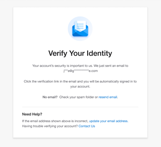 Verify Your Identity page with an envelope icon. Informs user that an email has been sent for verification.